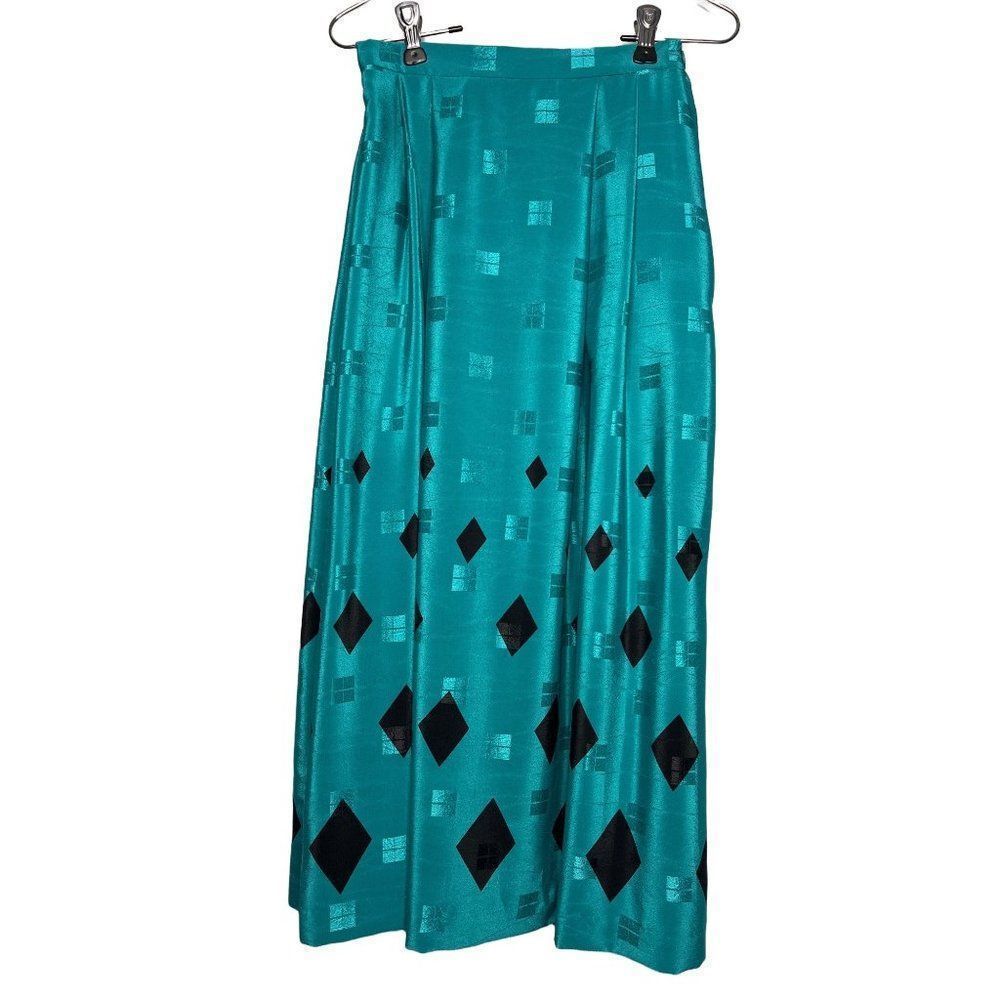Vintage Pleated A-Line Midi Skirt Teal w/ Black Diamonds Geometric Pattern